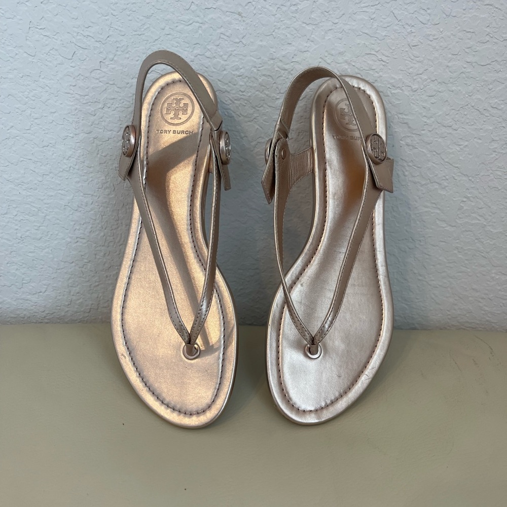 Tory Burch Minnie Travel‎ Flat Rose Gold Metallic Leather Thong Sandals Sz 8M